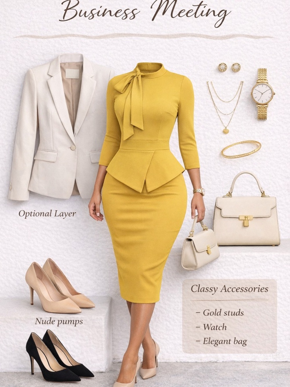 Women's Mustard Pencil Skirt Dress with Peplum and Neck Tie